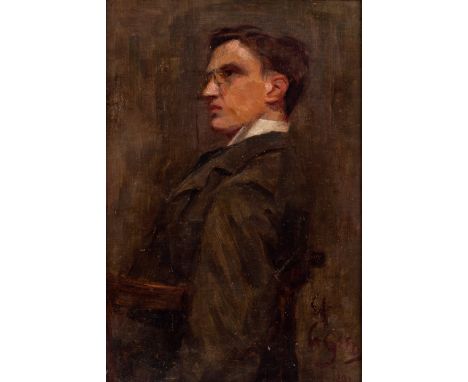 Emily A Gregreen/Portrait of a Gentleman/seated at his desk, possibly W B Yeats/signed and indistinctly dated/oil on board, 4