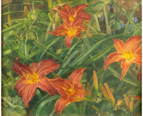 Francis Hewlett (British 1930-2012)/Day Lilies/inscribed verso/oil on canvas, 24.5cm x 29.5cm/Provenance: from the artist's e