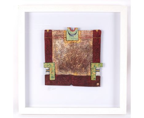 Philip Evans (born 1959), a ceramic wall hanging panel, with porcelain slips and gold leaf, approximately 26cm square, in a b