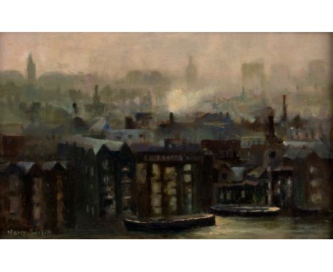 Nancy Bastin (20th Century)/Thameside Wharfs/signed; inscribed on back of frame/oil on panel, 26cm x 40cm CONDITION REPORT: A