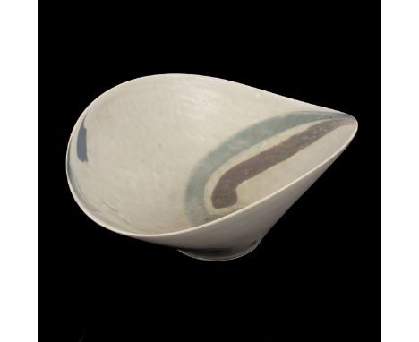 Jack Doherty (born 1948), a soda-fired porcelain altered bowl, cream glaze with geometric design in green and grey, impressed