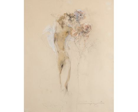 20th Century/Figur Mit Rosen/signed, inscribed and dated/watercolour and pencil, 69cm x 55.5cm