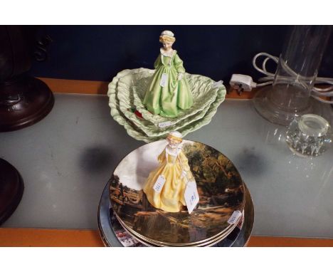 Two Royal Worcester figures, three Carlton ware cabbage leaf plates and a selection of collector's plates