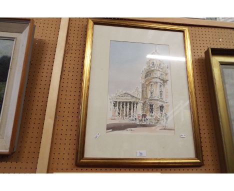 IAN RIBBONS (1924-2002) watercolour wash over pen architectural view, signed below with details verso, mounted and framed