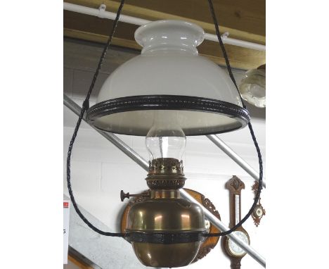 Brass hanging oil lamp with glass shade 