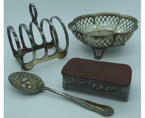 Silver Bonbon dish, small silver plated 5 slice toastrack, jam spoon + trinket box 