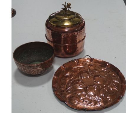 Copper caddy, small floral tray & Chinese bowl 