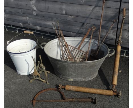 Galvanise pan, fire irons, enamel pail etc. 