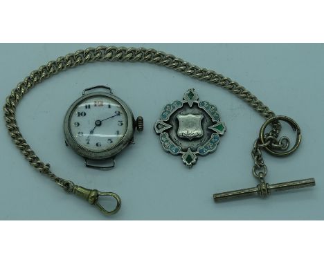 Silver/enamel shield, watch guard chain + silver cased Ladies wristwatch 