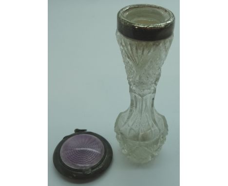 Small cut glass silver rim bud vase + a small silver/enamel pendant compact 