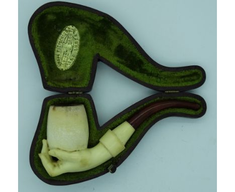 Cased Meerschaum ivory pipe with amber mouth piece 