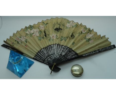 Silver patch box, blue glass pyramid ink well + Japanese Prince Fushimi souvenir Naval fan 