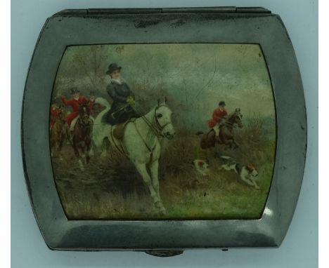 Plated cigarette case with coloured Hunting scene to cover 