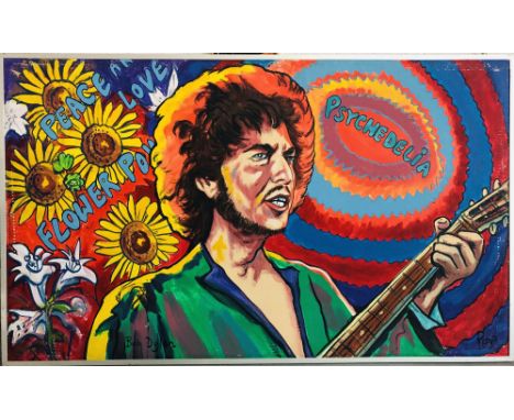 BOB DYLAN PAINTING. An original work, seemingly oil/pastels onto board, in a sturdy metal frame with artist's signature Roga 