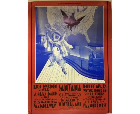 1977 ERIC BURDON/SANTANA/WAR. An original 1st print 1971 Filmore West poster for performances inc Eric Burdon &amp; War, J. G