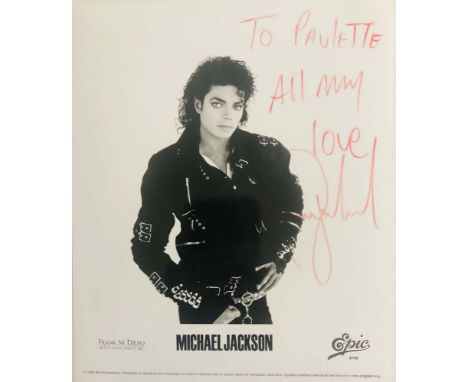 MICHAEL JACKSON. A 1987 promotional 8x10" image of Michael Jackson signed in red ink with inscription to read 'To Paulette al