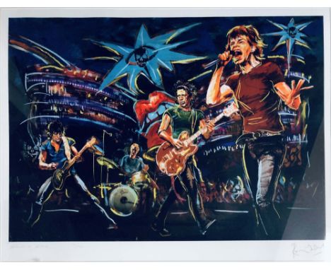 ROLLING STONES - RONNIE WOOD. A framed, hand signed and numbered print of a work by Ronnie Wood entitled "Skulls on Stage", n