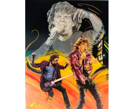 ROLLING STONES - RONNIE WOOD. A framed, hand signed and numbered print of a work by Ronnie Wood titled 'Skulls and Stage', ha