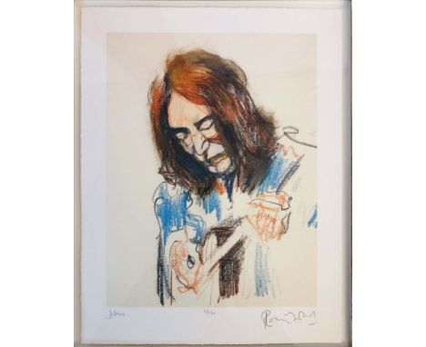 ROLLING STONES - RONNIE WOOD - JOHN LENNON. A framed, hand signed and numbered print of a work by Ronnie Wood titled 'John', 