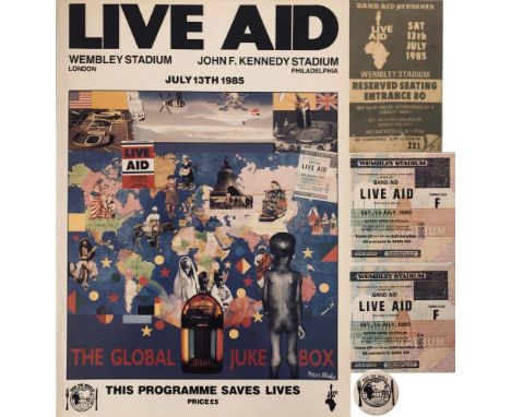 LIVE AID. An original 1985 Live Aid programme booklet, two Wembley ticket stubs, a 'Reserved Seating' Wembley ticket, a pin b