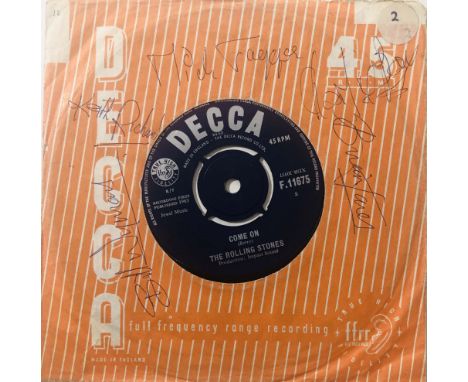 ROLLING STONES - SIGNED SINGLE. A copy of Come On (F.11675) signed to paper sleeve in blue biro by Mick Jagger, Keith Richard