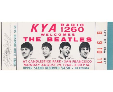 BEATLES KYA RADIO SAN FRANCISCO 1966 UNUSED TICKET. An original, unused ticket for the Beatles performance at Candlestick Par