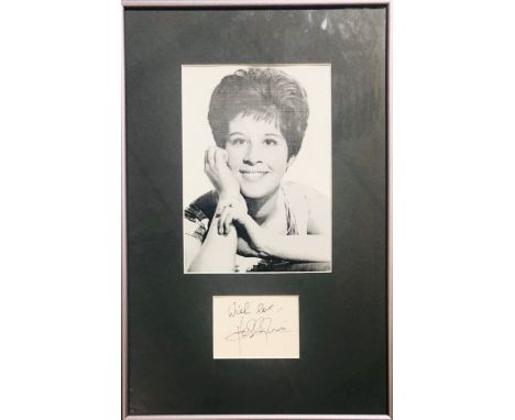 FEMALE STARS FRAMED. Four framed items to include a signed Dusty Springfield mounted postcard in frame (to measure: 7x9"), a 