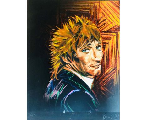 ROLLING STONES - RONNIE WOOD - ROD STEWART. A framed, hand signed and numbered print of a work by Ronnie Wood titled 'Rod', h