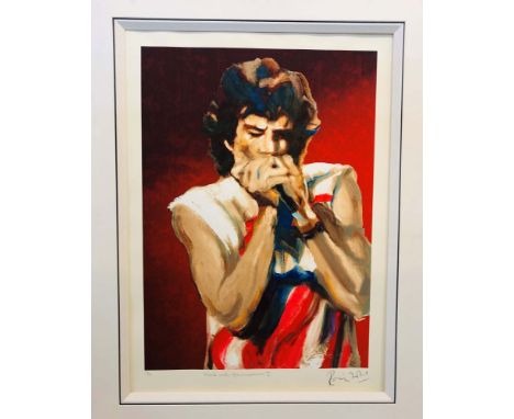 ROLLING STONES - RONNIE WOOD. A mounted, signed and numbered print of a work by Ronnie Wood, titled 'Mick With Harmonica I', 