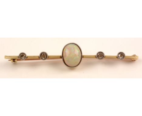 An opal and diamond bar brooch, the central white opal measuring 10 x 8mm in millegrain mount, the knife-edge bar set with fo
