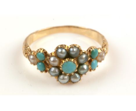 A 19th Century turquoise and seed pearl ring, in cluster mount on yellow metal floral shank, ring size K.