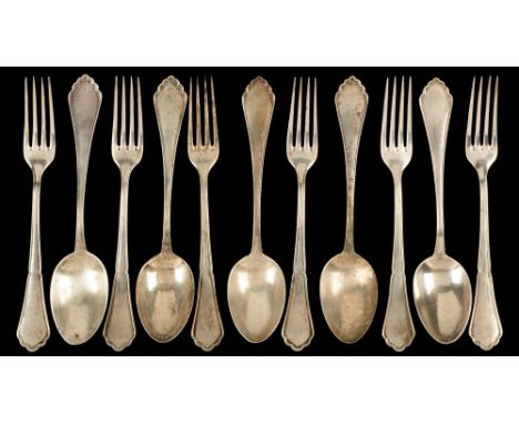 Mid-20th Century silver flatware, 800 standard, by Franz Bahner, Düsseldorf, Germany, trefid pattern, comprising: six table f