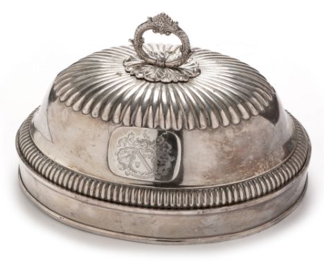 A 19th Century Sheffield plated meat cover, of dome form with reeded and gadrooned design, mounted by leaf pattern handle, la