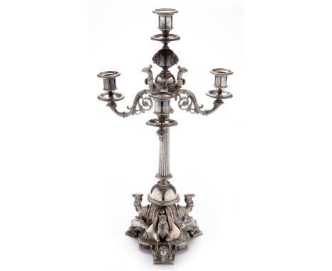 A Victorian silver plated four light candelabra, by Elkington &amp; Co, the central sconce mounted on lion mask decorated sph