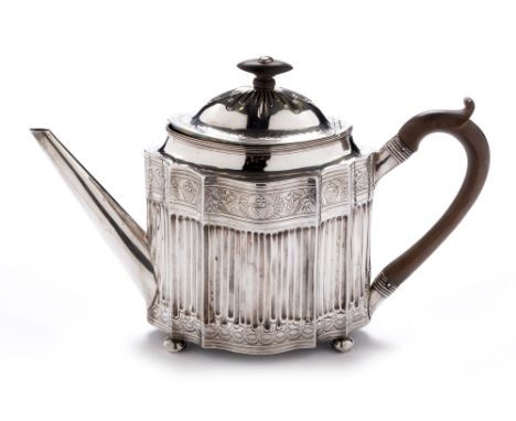 A George III silver teapot, by John Robins, London 1796, of commode form with fluting and floral decoration, the engraved cre