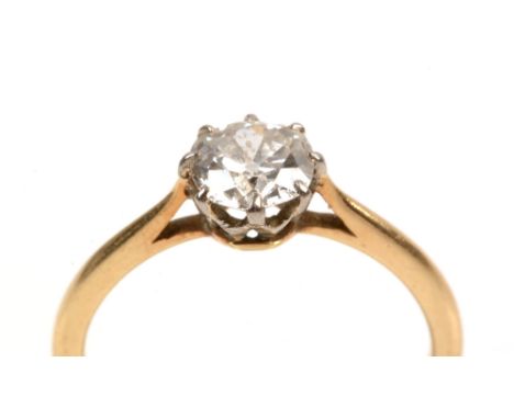 Single stone diamond ring, the old cut diamond weighing approximately 0.80 carats, in crown mount on yellow metal shank stamp