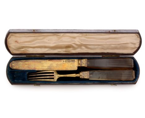 An Indian mid-19th Century knife and fork, by Hamilton &amp; Co, Calcutta, with silver gilt blade and tines on agate handles,