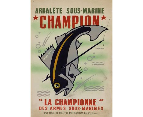 UNDERWATER SPEAR GUN,1950s, French, a rare advertising fishing poster for Champion Arbalete Sous-Marine (underwater spear gun