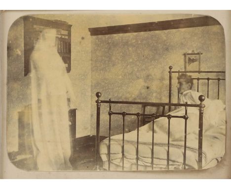 'AN APPARITION OF A GHOST' late 19th century, albumen photographic print 13.5 x 10cm, framed  The picture on the wall at the 