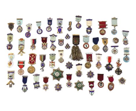 MASONIC,c.1880-1947, a large collection of masonic regalia, comprising forty-seven enamelled silver medals and badges, the ea