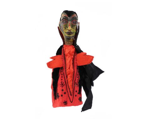 THE DEVIL,early 20th century, a superb folk art hand puppet of the devil, with embroidered satin, silk and felt costume and c
