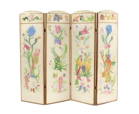 *PETER SAMUELSON (1912-1996)A four-fold double-sided wooden screen with applied card panels, hand-decorated with various erot