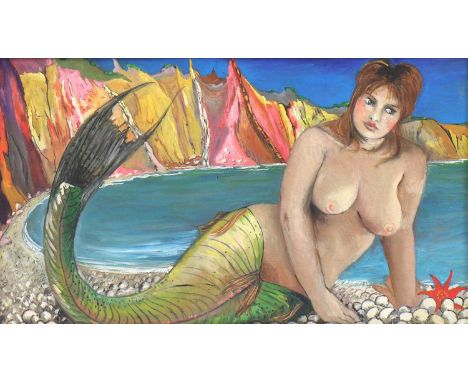 *GABRIEL SUMMERS (b.1962)'Alum Bay Mermaid' depicting a nude female mermaid in an idealised landscapesigned, inscribed as tit
