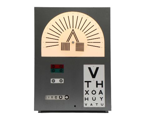 OPTICIAN'S EYE TEST,1950s, a large industrial-style illuminated optometrist’s eye test wall chart light box, a wall-hung meta