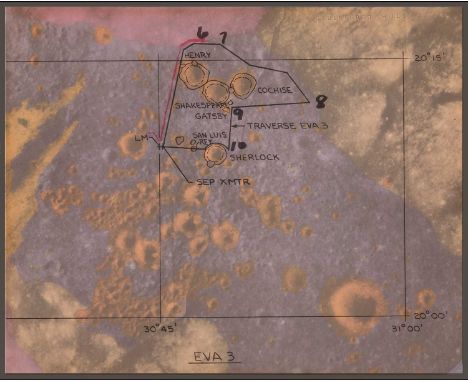 APOLLO 17,'EVA-3', 1972, a unique NASA engineer’s manuscript working sketch, plotting the route of the Lunar Rover during EVA