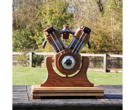V-TWIN CLOCK, contemporary, a V-twin engine desk clock, with an oak, elm, olive ash and reclaimed mahogany structure, compris