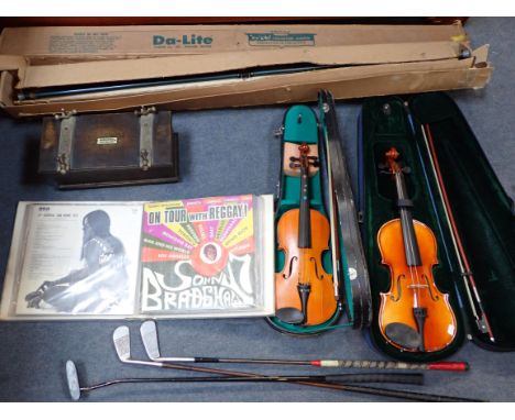 TWO CHINESE VIOLINS, CASEDtwo projector screens, LPs, a tie press/box, and golf clubs