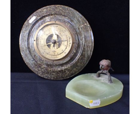 AN ONYX DISH, MOUNTED WITH A COLD-PAINTED BRONZE PARROT(some chips), and a serpentine cased aneroid barometer (movement a/f) 
