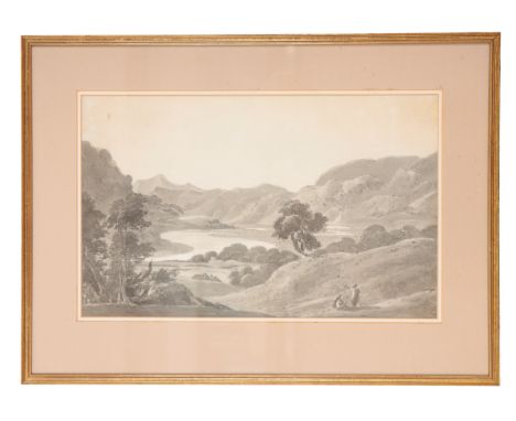 MANNER OF JOHN VARLEY (1778-1842), An English lake scenewith figures to foreground, grisaille sketch, 27 x 43cm, later gilt f
