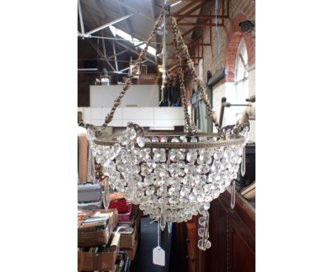 A FACETED GLASS BAG CHANDELIER WITH HEAVY GILDED CHAINtogether with two modern plaster plafonniers with pineapple hanging mec